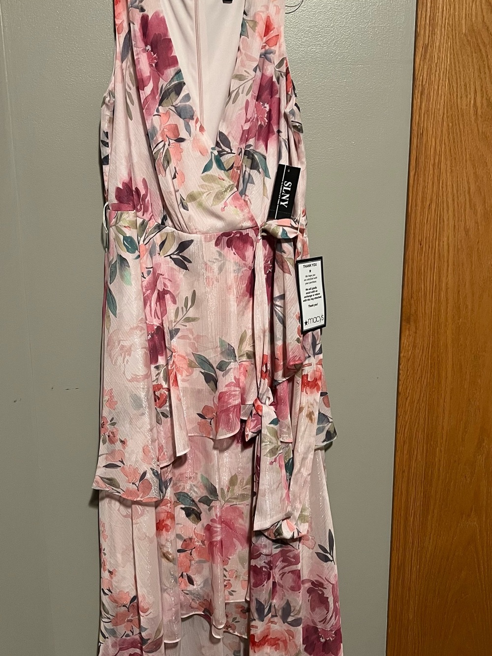 SLNY Pink Floral High-Low Wrap Dress